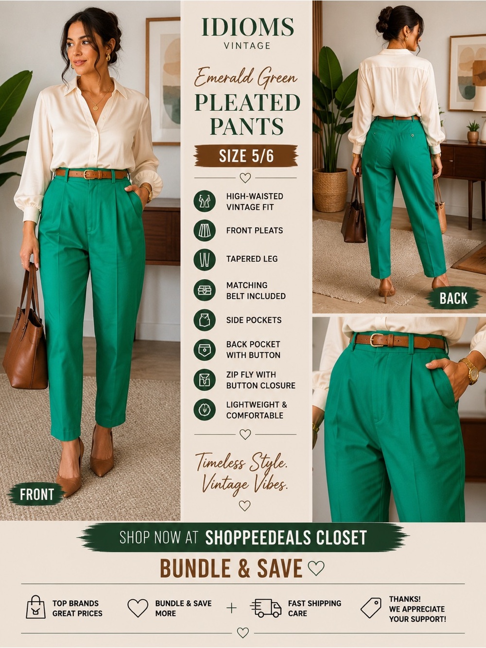 Idioms Vintage Emerald Green High-Waisted Pleated Tapered Pants with Belt